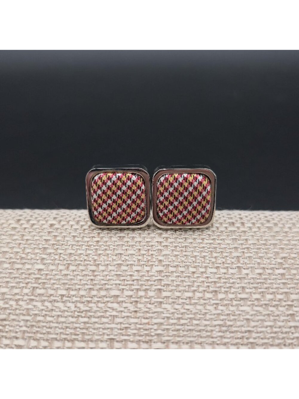 Vintage Silver Tone Plaid Houndstooth Fabric Inlay Square Cufflinks For Men A802